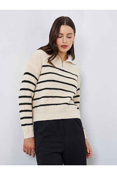 Styli Beige Striped Zip-Up Short Length Sweater