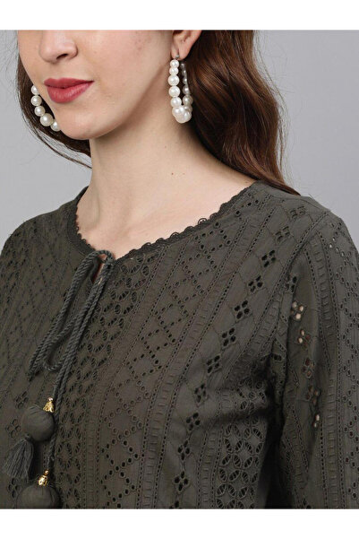 Ishin By Styli Olive Green Kurta with Trousers and Dupatta Set