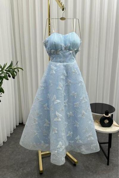 Orange Elegant Sky Blue Midi Evening Dress