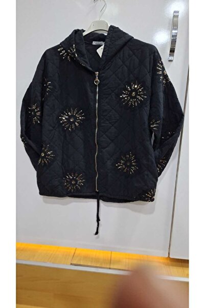 NUR TEKSTİL Kadın Kapitone Dikiş Pullu Çiçekli iTALYAN %100 Pamuk Sweat Ceket...