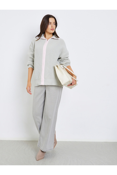 Styli Grey Ribbed Knit Zip-Up Cardigan