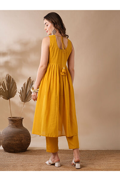 Globus By Styli Mustard Floral Embroidered Pleated Kurta and Pants Set