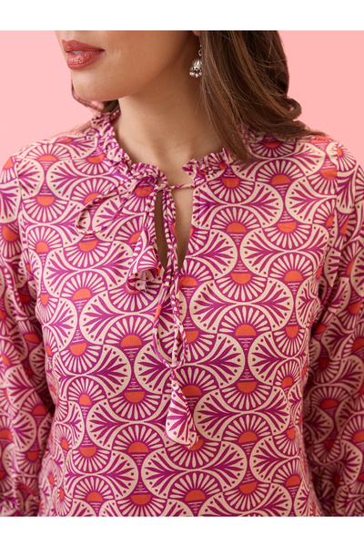 Globus By Styli Tie-Up Neck Ethnic Print Workwear Tunic