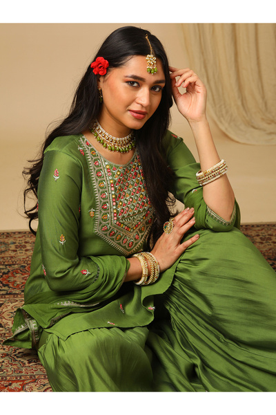 Globus By Styli Green Floral Embroidered Kurta with Sharara and Lace Detail Dupatta Set