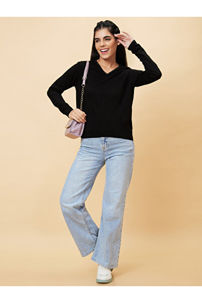 Globus By Styli Women Black Ribbed Hem Acrylic Sweater