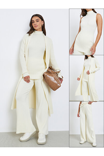 Styli Set of 3 - Ribbed Knit Top, Cardigan and Pants