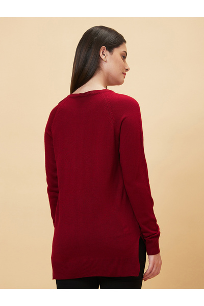 Globus By Styli Women Red Ribbed Hem Acrylic Sweater