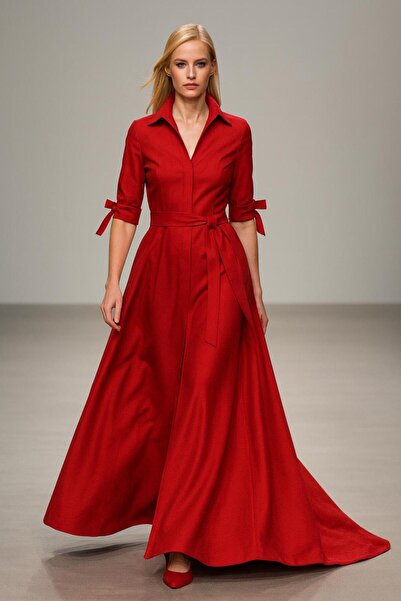 ALYEL NAKER فستان قميص طويل أحمر من التفتا مع تفاصيل ربط على الأكمام