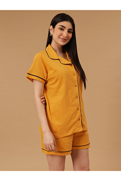 Clovia By Styli Solid Buttoned Shirt and Shorts Set - Cotton