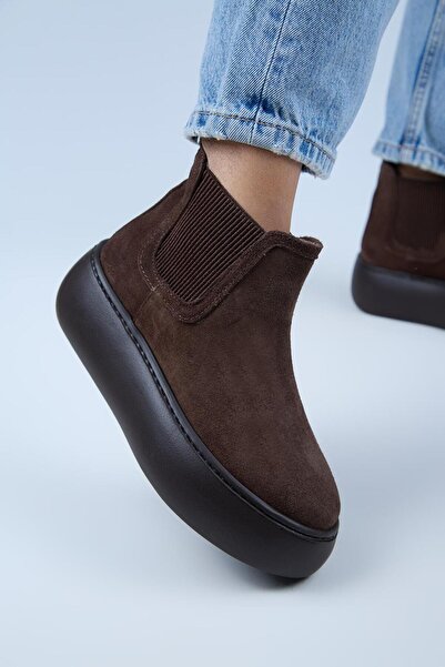 Manijero Ove Women's Leather Elastic Brown Boots with Fur Inside