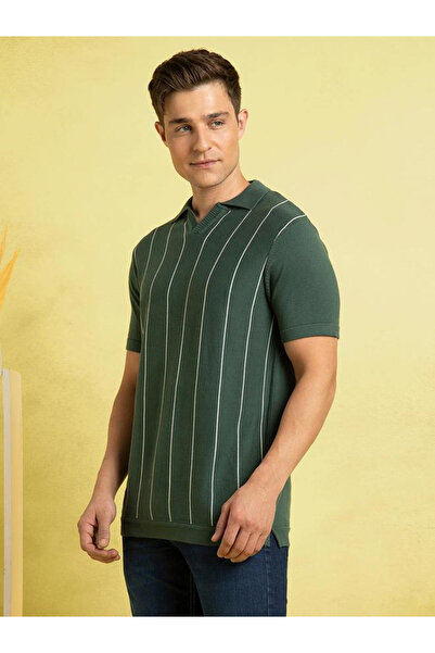 Dennis Lingo By Styli Men Green Striped Flat Knit Polo