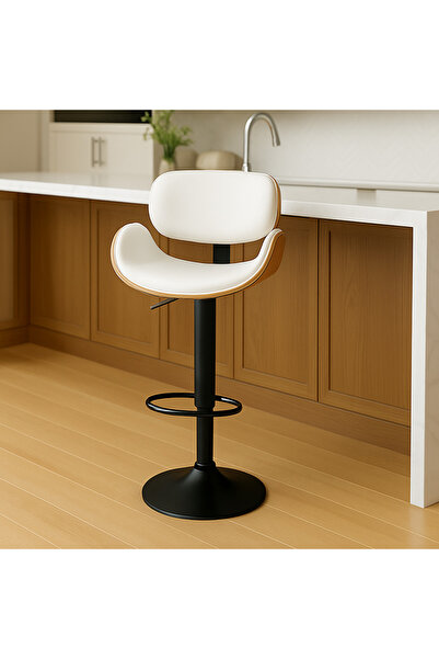 Ebticar Beige Fabric & Wood Bar Chair – Shell Back Style