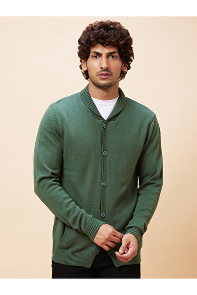 Globus By Styli Men Green Mock Collar Acrylic Cardigan