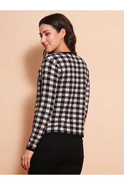 Globus By Styli Checkered Lapel Collar Cardigan Sweater