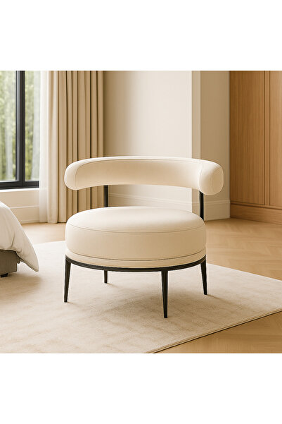 Ebticar Beige Linen Fabric Lounge Chair – Open Curved Contemporary Design