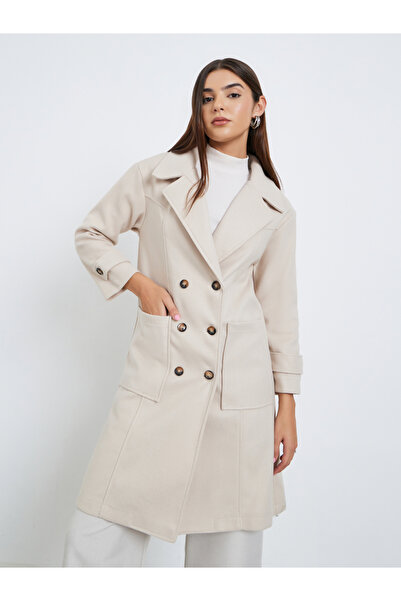 Take Two By Styli Beige Double Breasted Wool Like Coat with Pocket Detail