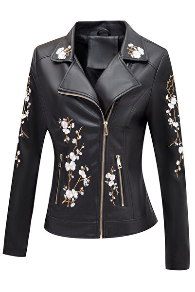 Take Two By Styli Black Floral Embroidered Biker Jacket