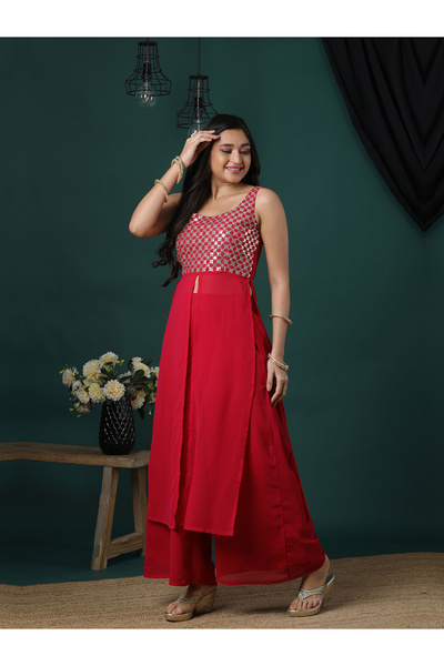 Globus By Styli Pink Zari Embroidered Sequined Yoke Kurta and Flared Palazzos Set