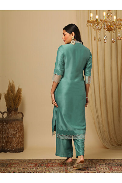 Globus By Styli Green Silver Embroidered V-Neck Kurta and Elasticated Pants Set