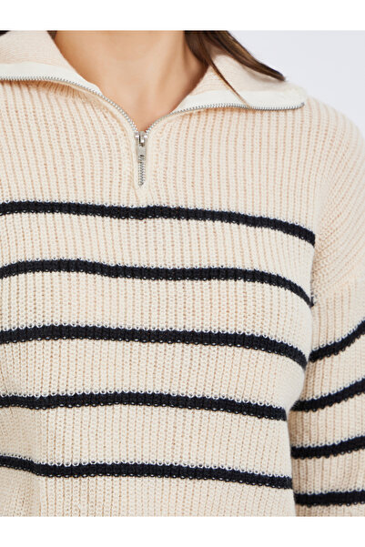 Styli Beige Striped Zip-Up Short Length Sweater