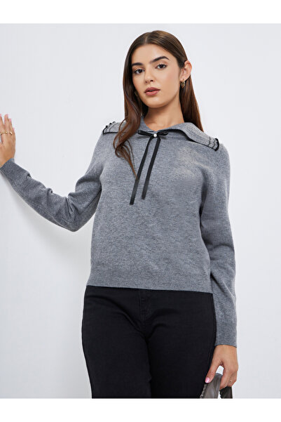 Take Two By Styli Flat Lapel Bow Detail Long Sleeve Sweater