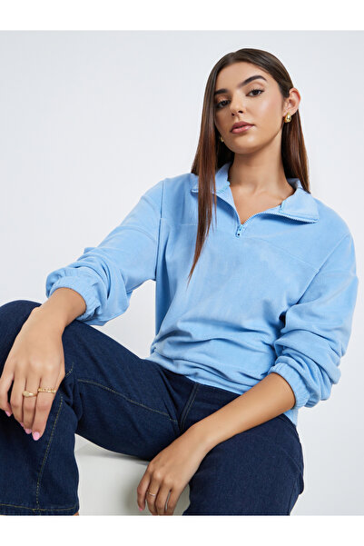 Styli Women Blue Solid Fleece Half-Zip Front Sweatshirt