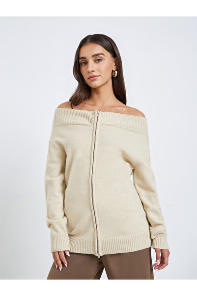 Styli Beige Off Shoulder Knit Top with Front Zip