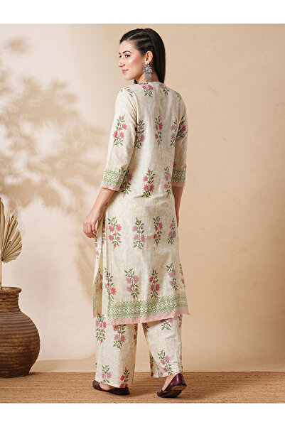 Globus By Styli Off-White All-Over Floral Print Straight Kurta with Palazzos Workwear Set