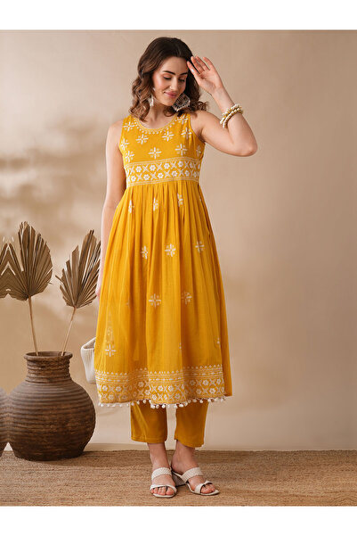 Globus By Styli Mustard Floral Embroidered Pleated Kurta and Pants Set