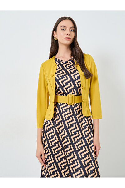 Take Two By Styli Solid Button Front Blazer and Geo Print A-Line Dress Co-Ords
