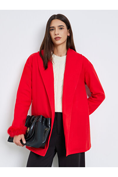 Take Two By Styli Red Longline Wrap Coat with Faux Fur Trim