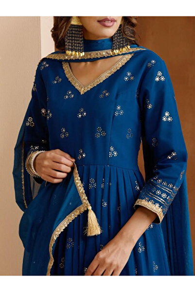 Ishin By Styli Blue Embroidered Georgette Kurta and Pant Set