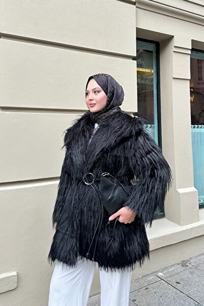 LOCCO Palton de damă cu detaliu curea inelară negru