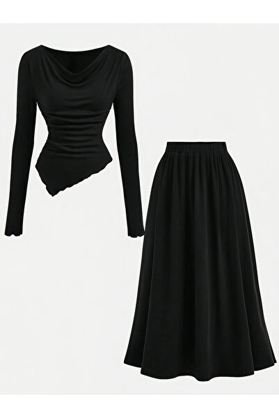 Take Two By Styli Solid Cowl Neck Top and Elastic Waist Skirt Co-Ords