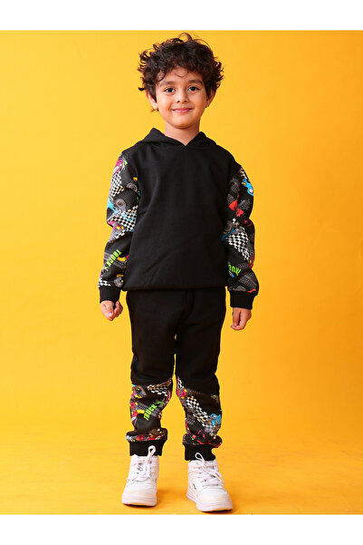 Anthrilo By Styli Boys Black Color Block Hoodie and Joggers Set