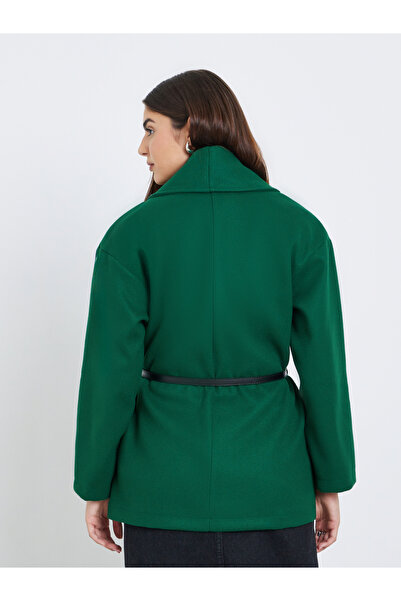 Take Two By Styli Dark Green Wool Like Belted Wrap Coat