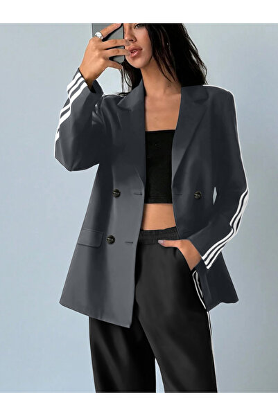 Take Two By Styli Grey Double Breasted Blazer with Side Stripe
