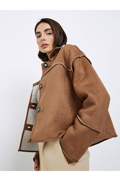 Styli Boxy Fit Suede Look Jacket with Fur Trim