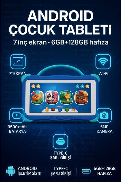 Zineets Wi-Fi 7 inç IPS Ekran 6+128 GB Çocuk Tableti - Kılıf Ve Oyuncak Hediyeli Mavi