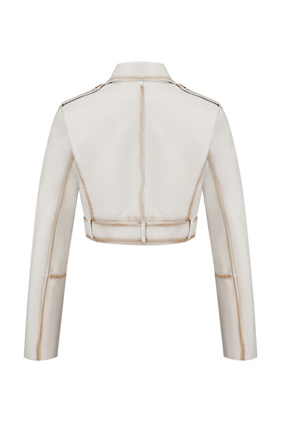 Take Two By Styli White Cropped Biker Jacket with Belt