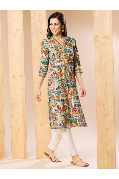 Globus By Styli All Over Print Studded Straight Kurta