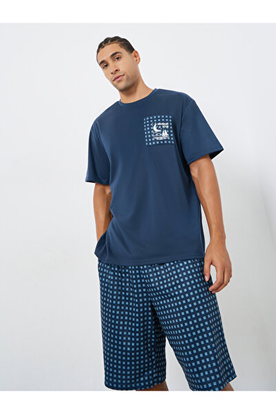 Styli Men Navy Checked Relaxed Fit T-Shirt and Shorts Set