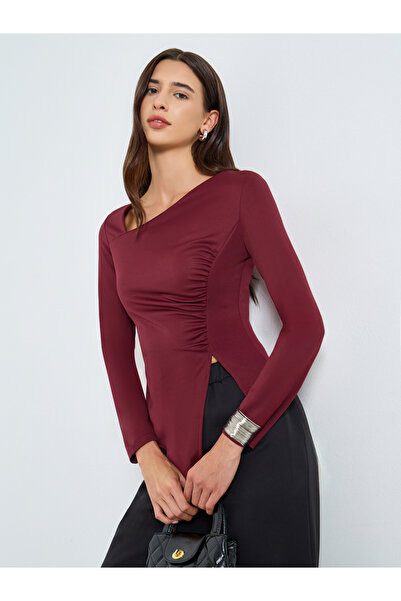 Take Two By Styli Solid Irregular Neck Slit Hem Long Sleeve Top