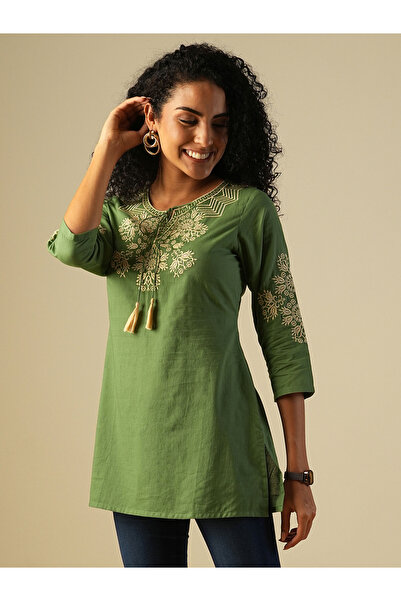 Globus By Styli Tie-Up Neck Embroidered Yoke Workwear Tunic