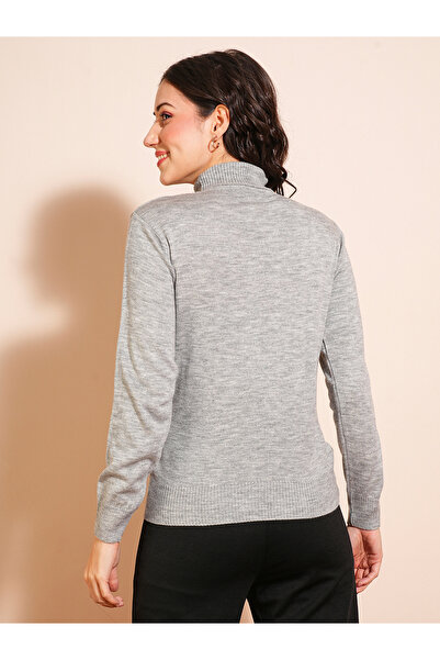 Globus By Styli Women Grey Melange Turtle Neck Sweater