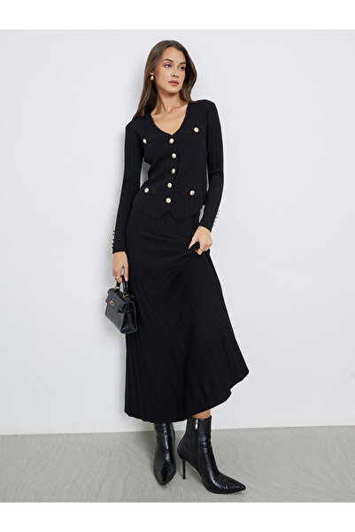 Styli Black Knit Cardigan and Pleated Skirt Co-ords