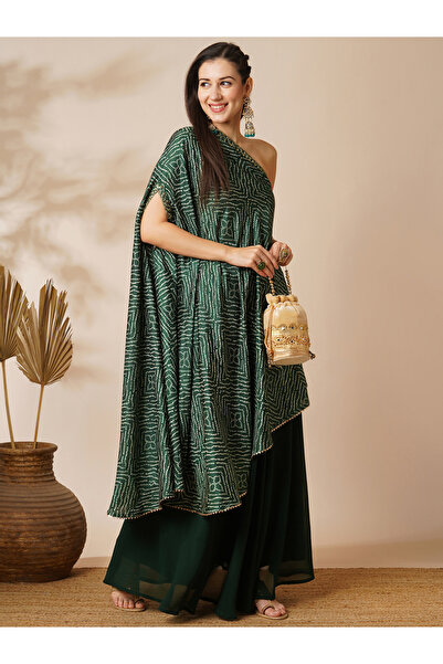 Globus By Styli Bandhani Print One Shoulder Tunic and Georgette Skirt Fusion Co-Ords
