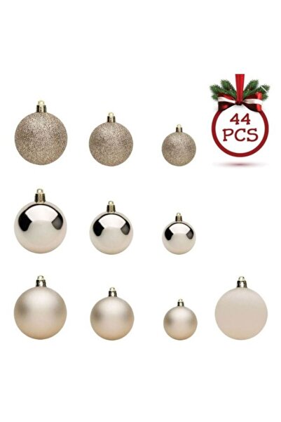 AB HOMES Christmas Bauble Set, Beige Matte/Shiny/Glitter, 4–6–8 cm, 44 pcs, Elegant Tree Decorat