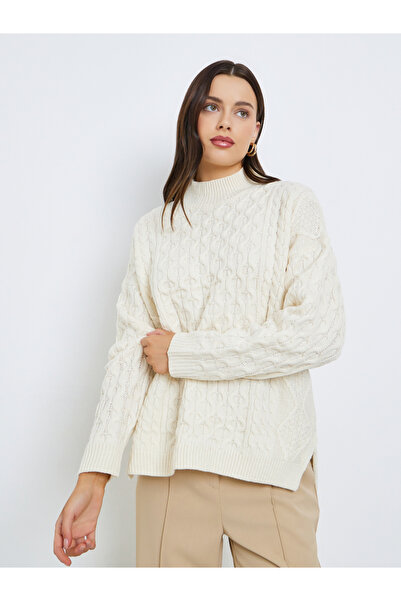 Styli Off White Cable Knit High Neck Sweater