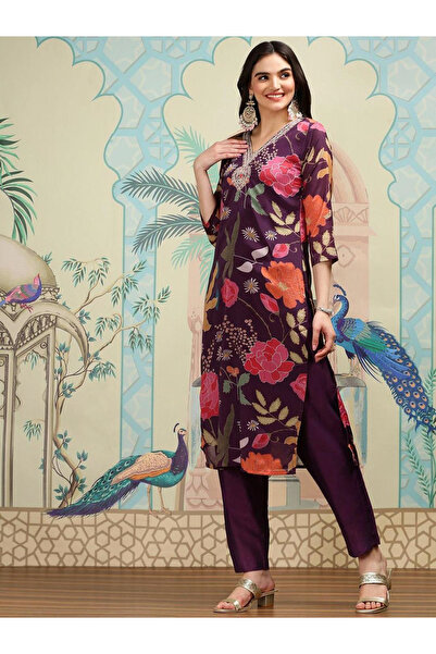 Ishin By Styli Purple Floral Print Kurta with Pant and Dupatta Set